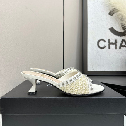 CC HIGH HEEL 25S 50 MM IN WHITE RAFFIA AND CALFSKIN WITH CRYSTALS