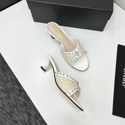 CC HIGH HEEL 25S 50 MM IN WHITE RAFFIA AND CALFSKIN WITH CRYSTALS