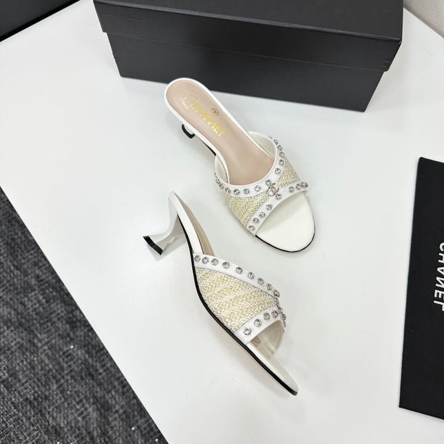 CC HIGH HEEL 25S 50 MM IN WHITE RAFFIA AND CALFSKIN WITH CRYSTALS