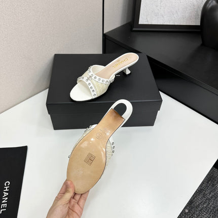 CC HIGH HEEL 25S 50 MM IN WHITE RAFFIA AND CALFSKIN WITH CRYSTALS