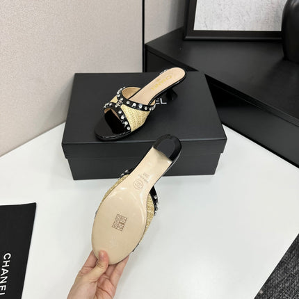 CC HIGH HEEL 25S 50 MM IN BEIGE RAFFIA AND BLACK CALFSKIN WITH CRYSTALS