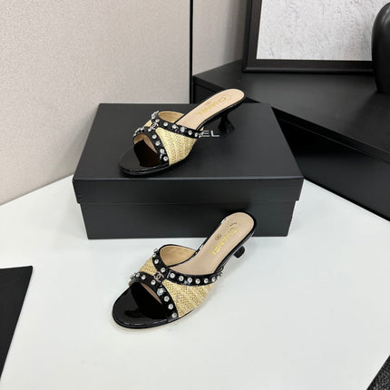 CC HIGH HEEL 25S 50 MM IN BEIGE RAFFIA AND BLACK CALFSKIN WITH CRYSTALS