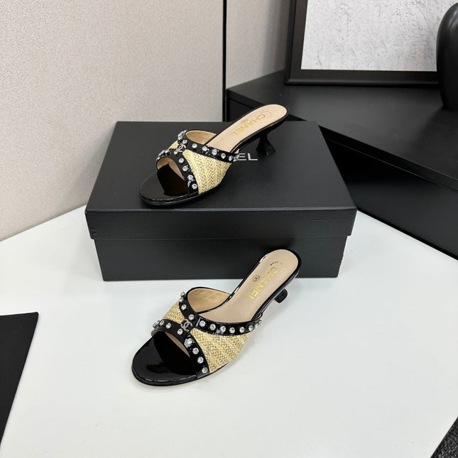 CC HIGH HEEL 25S 50 MM IN BEIGE RAFFIA AND BLACK CALFSKIN WITH CRYSTALS