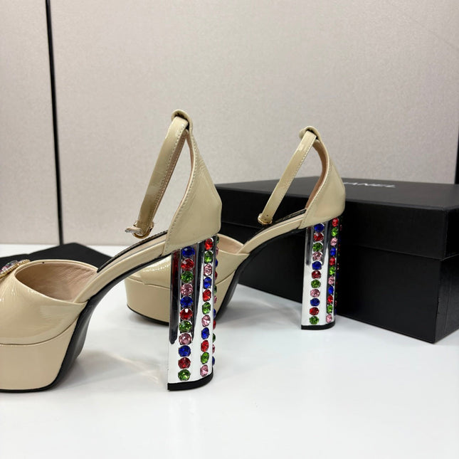 CC HIGH SANDAL 25S 110 MM IN LIGHT BEIGE CALFSKIN WITH MULTICOLOR STONES