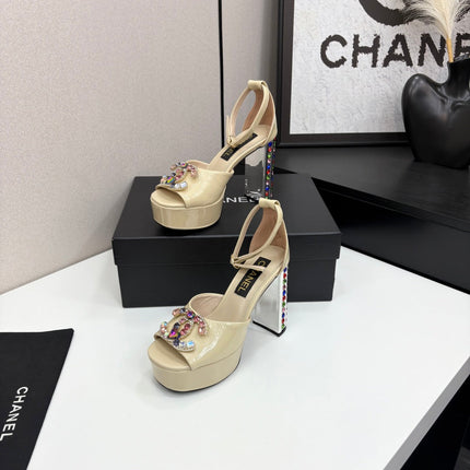 CC HIGH SANDAL 25S 110 MM IN LIGHT BEIGE CALFSKIN WITH MULTICOLOR STONES