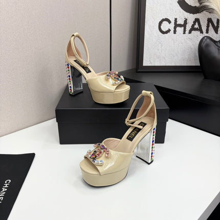 CC HIGH SANDAL 25S 110 MM IN LIGHT BEIGE CALFSKIN WITH MULTICOLOR STONES