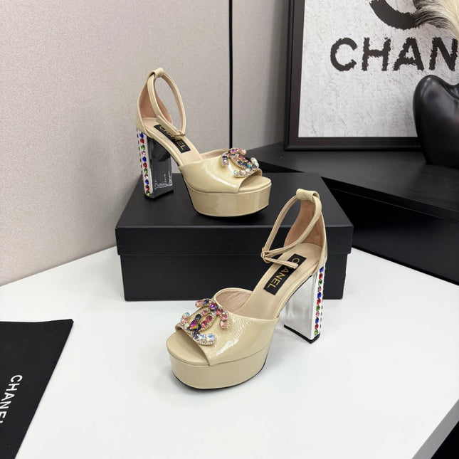 CC HIGH SANDAL 25S 110 MM IN LIGHT BEIGE CALFSKIN WITH MULTICOLOR STONES