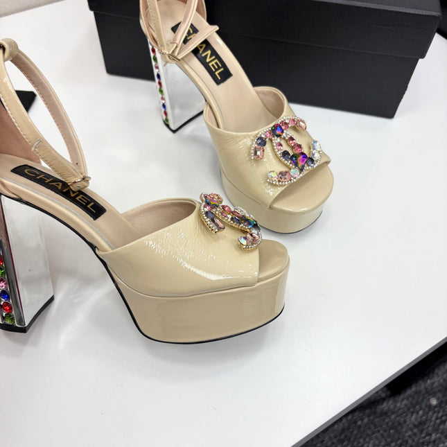 CC HIGH SANDAL 25S 110 MM IN LIGHT BEIGE CALFSKIN WITH MULTICOLOR STONES