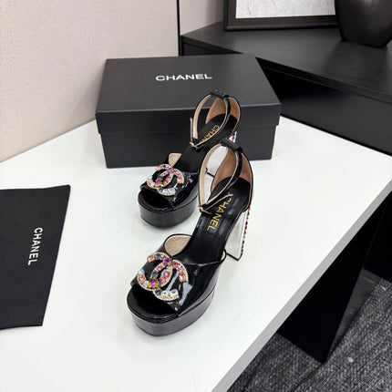CC HIGH SANDAL 25S 110 MM IN BLACK CALFSKIN WITH MULTICOLOR STONES