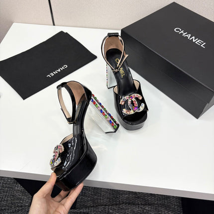 CC HIGH SANDAL 25S 110 MM IN BLACK CALFSKIN WITH MULTICOLOR STONES
