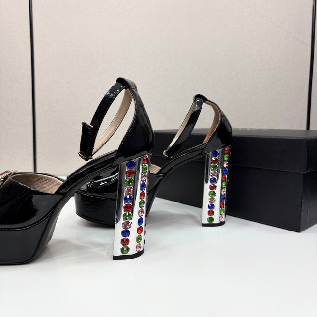 CC HIGH SANDAL 25S 110 MM IN BLACK CALFSKIN WITH MULTICOLOR STONES