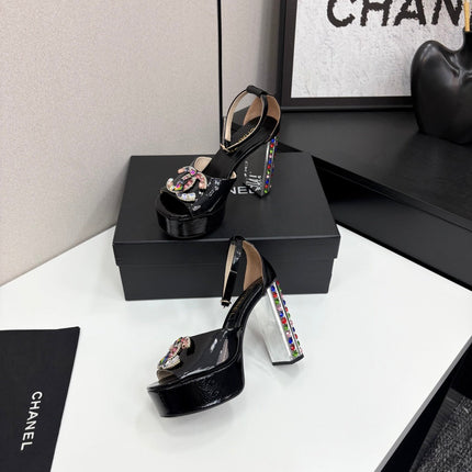 CC HIGH SANDAL 25S 110 MM IN BLACK CALFSKIN WITH MULTICOLOR STONES