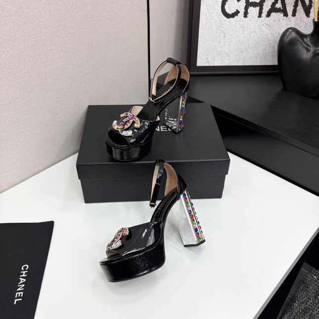 CC HIGH SANDAL 25S 110 MM IN BLACK CALFSKIN WITH MULTICOLOR STONES