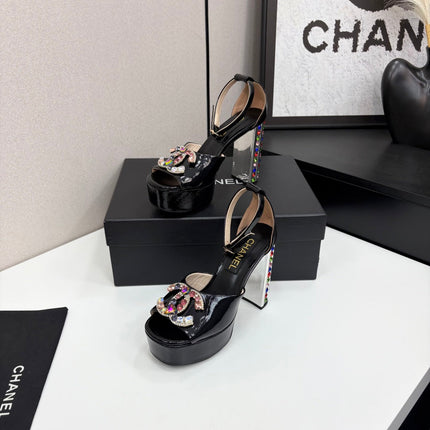 CC HIGH SANDAL 25S 110 MM IN BLACK CALFSKIN WITH MULTICOLOR STONES