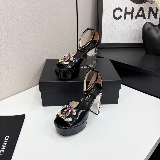 CC HIGH SANDAL 25S 110 MM IN BLACK CALFSKIN WITH MULTICOLOR STONES