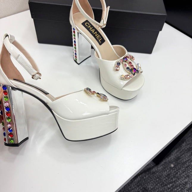 CC HIGH SANDAL 25S 110 MM IN CREAM WHITE CALFSKIN WITH MULTICOLOR STONES