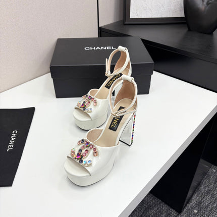 CC HIGH SANDAL 25S 110 MM IN CREAM WHITE CALFSKIN WITH MULTICOLOR STONES