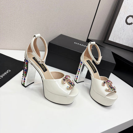 CC HIGH SANDAL 25S 110 MM IN CREAM WHITE CALFSKIN WITH MULTICOLOR STONES