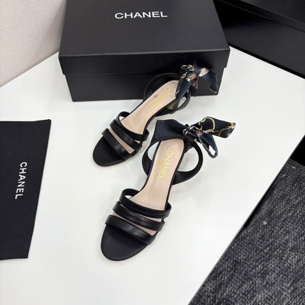 CC HEEL SANDAL 25S IN BLACK LAMBSKIN WITH SILK BOW