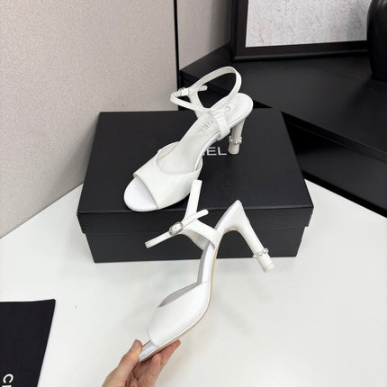 CC HIGH SANDAL 25S 80 MM IN WHITE CALFSKIN WITH PEARL DETAILS