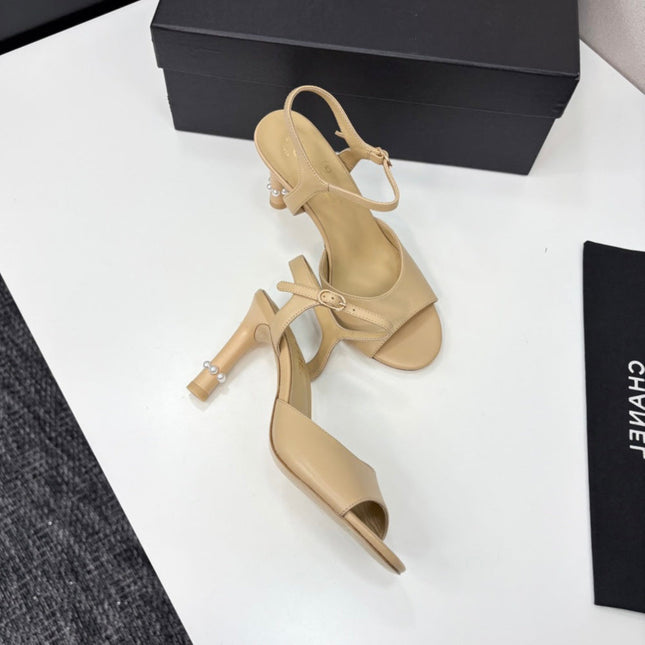 CC HIGH SANDAL 25S 80 MM IN BEIGE CALFSKIN WITH PEARL DETAILS