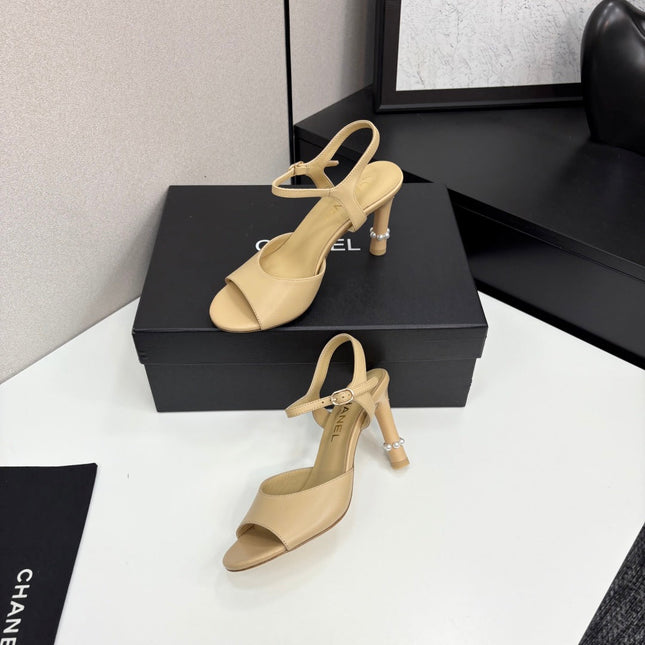 CC HIGH SANDAL 25S 80 MM IN BEIGE CALFSKIN WITH PEARL DETAILS