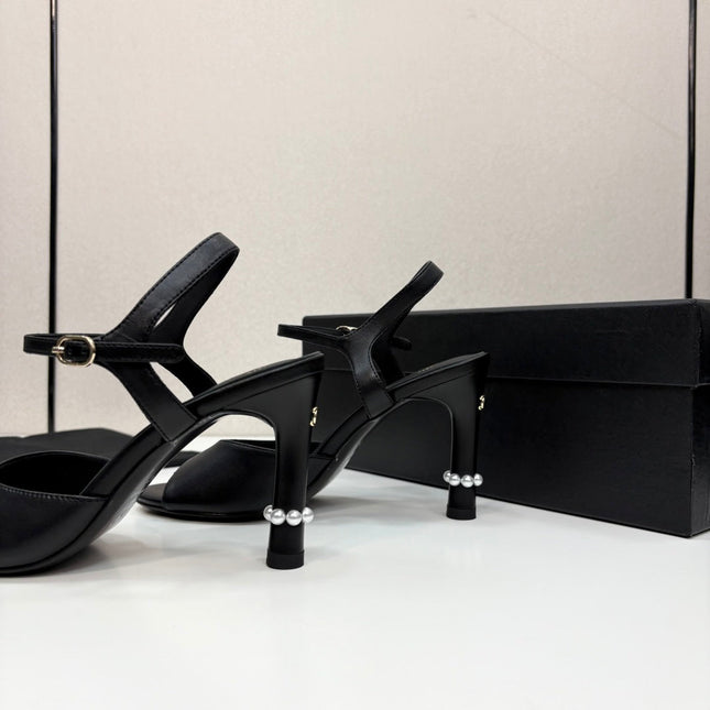 CC HIGH SANDAL 25S 80 MM IN BLACK CALFSKIN WITH PEARL DETAILS