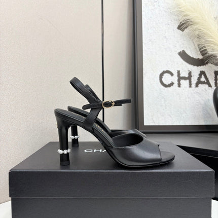 CC HIGH SANDAL 25S 80 MM IN BLACK CALFSKIN WITH PEARL DETAILS