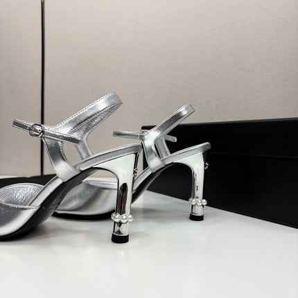 CC HIGH SANDAL 25S 80 MM IN SILVER CALFSKIN WITH PEARL DETAILS