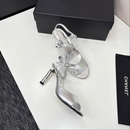 CC HIGH SANDAL 25S 80 MM IN SILVER CALFSKIN WITH PEARL DETAILS