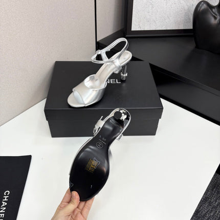 CC HIGH SANDAL 25S 80 MM IN SILVER CALFSKIN WITH PEARL DETAILS