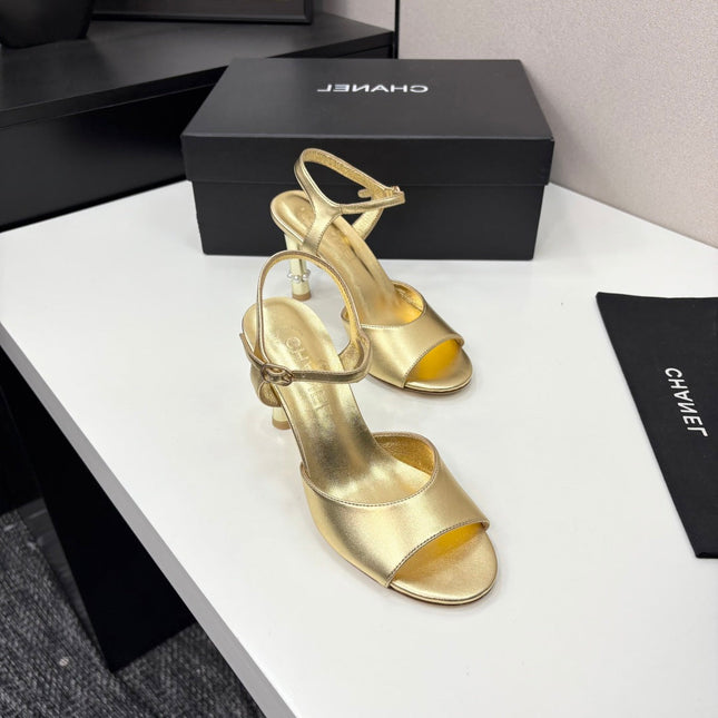 CC HIGH SANDAL 25S 80 MM IN GOLD CALFSKIN WITH PEARL DETAILS