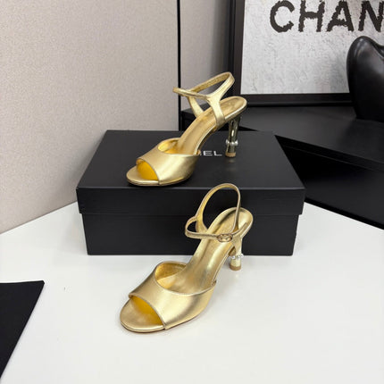 CC HIGH SANDAL 25S 80 MM IN GOLD CALFSKIN WITH PEARL DETAILS