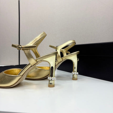 CC HIGH SANDAL 25S 80 MM IN GOLD CALFSKIN WITH PEARL DETAILS