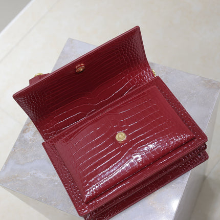 YSL 25S SUNSET MEDIUM 22 IN CRIMSON RED CROCODILE-EMBOSSED CALFSKIN GOLD HARDWRE