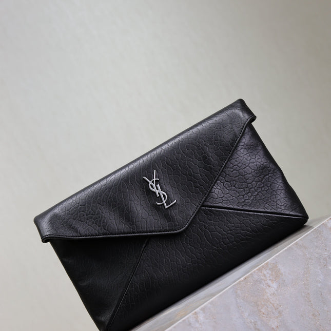 YSL 25S CASSANDRE LARGE ENVELOPE POUCH 29 IN BLACK CALFSKIN GRAY HARDWRE