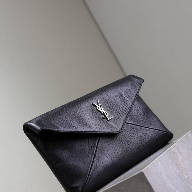 YSL 25S CASSANDRE LARGE ENVELOPE POUCH 29 IN BLACK CALFSKIN GRAY HARDWRE