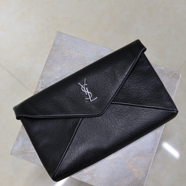 YSL 25S CASSANDRE LARGE ENVELOPE POUCH 29 IN BLACK CALFSKIN GRAY HARDWRE