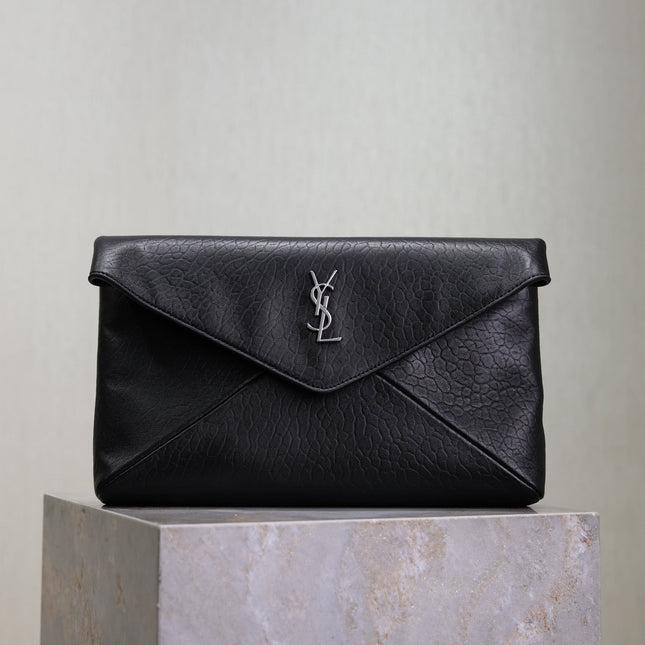 YSL 25S CASSANDRE LARGE ENVELOPE POUCH 29 IN BLACK CALFSKIN GRAY HARDWRE