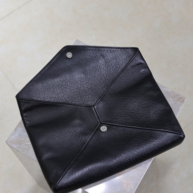 YSL 25S CASSANDRE LARGE ENVELOPE POUCH 29 IN BLACK CALFSKIN GRAY HARDWRE