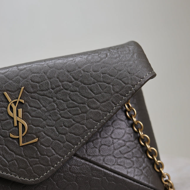 YSL 25S CALYPSO MINI 19 IN CHARCOAL GRAY LAMBSKIN GOLD HARDWRE