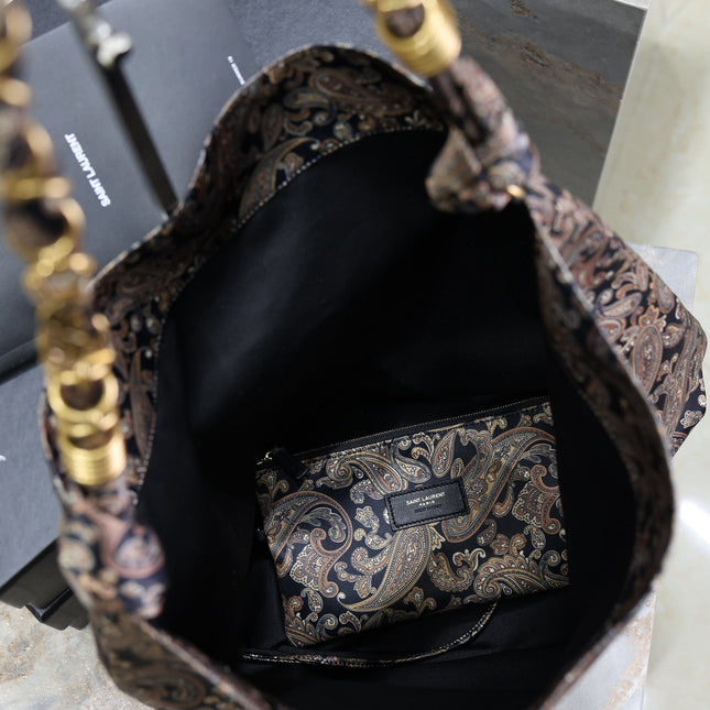 YSL 25S AMALIA 50 IN NAVY MULTICOLOR  SILK TWILL GOLD HARDWRE