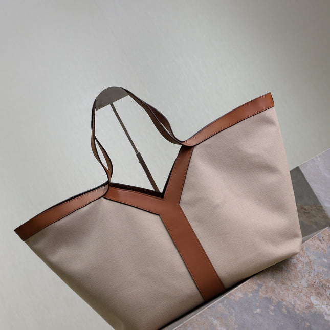 YSL 25S Y TOTE 50 IN BROWN BEIGE CANVAS AND CALFSKIN