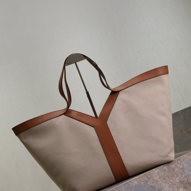 YSL 25S Y TOTE 50 IN BROWN BEIGE CANVAS AND CALFSKIN