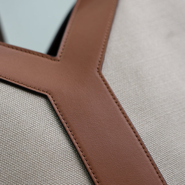 YSL 25S Y TOTE 50 IN BROWN BEIGE CANVAS AND CALFSKIN