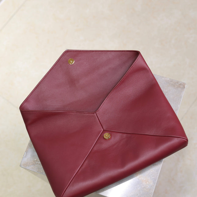 YSL 25S CASSANDRE LARGE ENVELOPE POUCH 29 IN DARK RUBY SHINY CALFSKIN GOLD HARDWRE