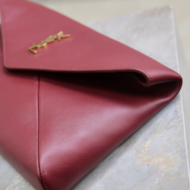 YSL 25S CASSANDRE LARGE ENVELOPE POUCH 29 IN DARK RUBY SHINY CALFSKIN GOLD HARDWRE