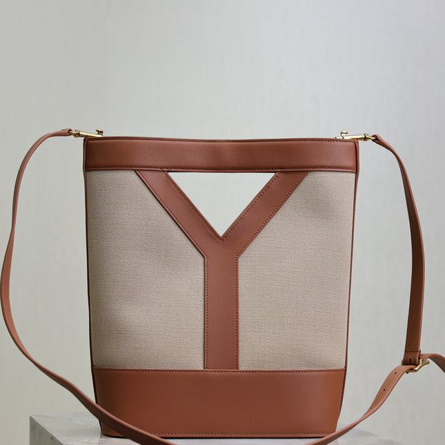 YSL 25S Y SMALL BUCKET 29 IN DESERT DUST AND BRICK CANVAS GOLD HARDWRE