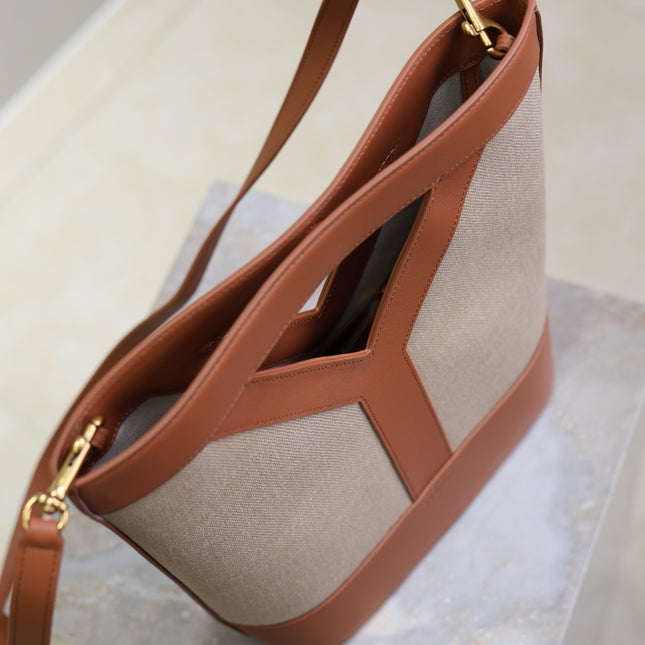 YSL 25S Y SMALL BUCKET 29 IN DESERT DUST AND BRICK CANVAS GOLD HARDWRE