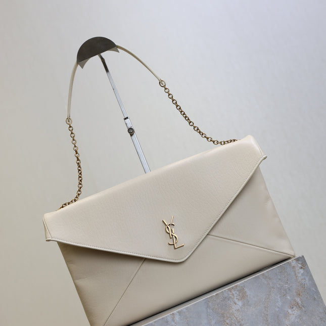 YSL 25S CASSANDRE ENVELOPE MESSENGER 35 IN BLANC VINTAGE LAMBSKIN GOLD HARDWRE